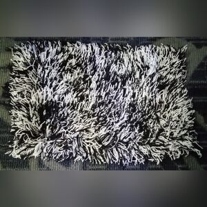 Black and White Shag Rug Against a Gray Background